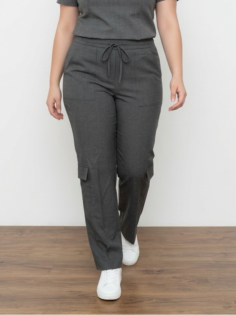 Y2K Women's Dark Gray Wide-Leg Cargo Trousers with Drawstring Waist | Size 14